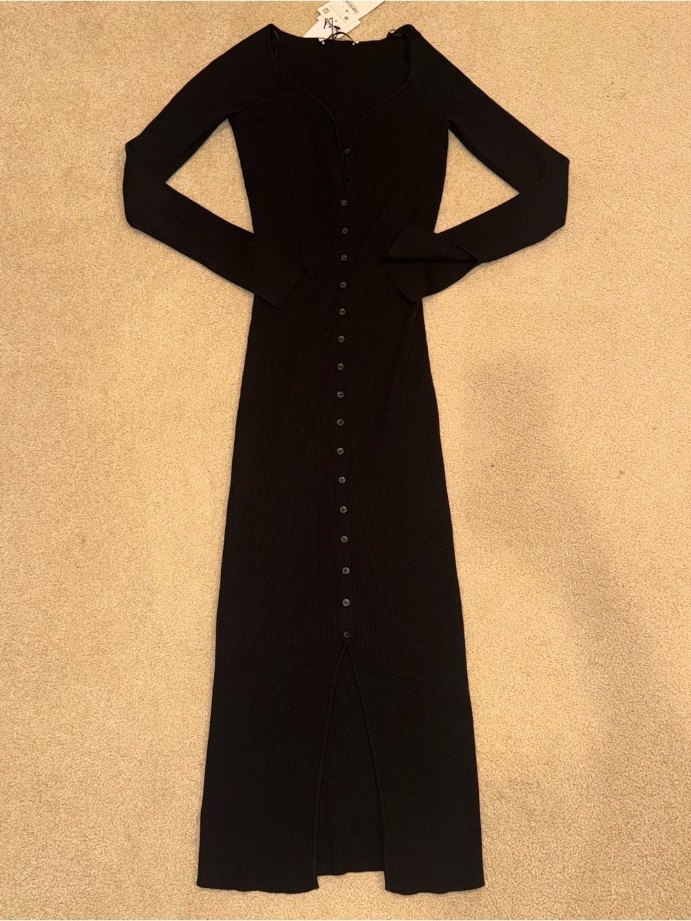 ZARA BLACK RIBBED LONG SLEEVE BUTTON SWEATERDRESS NWT SIZE M
